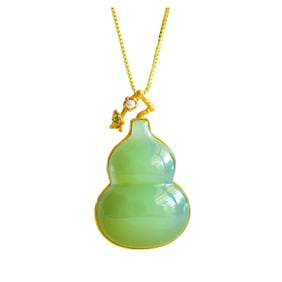 High Quality Chinese 18K Gold Inlay Green Hetian Jade Carved Gourd Pendant