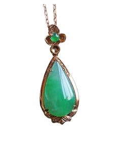 Exquisite Chinese 18K Gold Inlay Green Jadeite Water Droplet Pendant