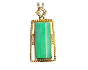 Exquisite Chinese 18K Gold Inlay Green Jadeite Lucky Pendant