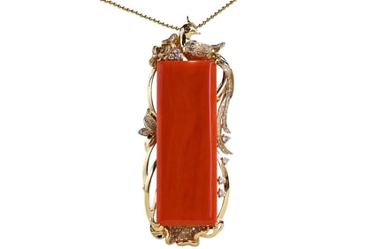 High Quality 18K Gold Inlay Red Coral & Diamond Lucky Pendant