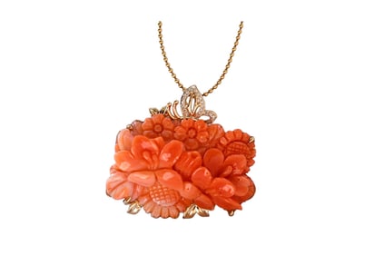 High Quality 18K Gold Inlay Red Coral & Diamond Flowers Pendant