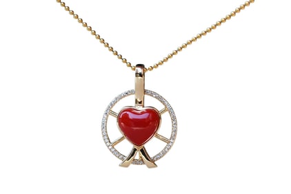 High Quality 18K Gold Inlay Red Coral & Diamond Heart Pendant