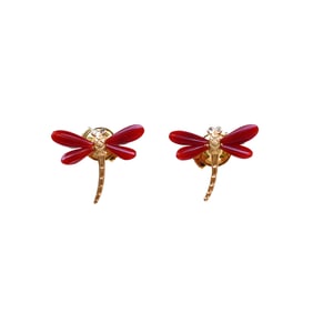 High Quality 18K Gold Inlay Red Coral & Diamond Dragonfly Earring