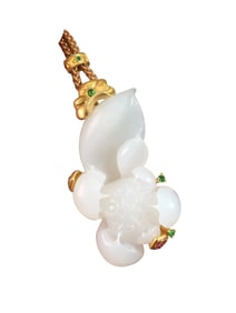 Superb Chinese 18K Gold Inlay White Hetian Jade Carved Lotus Flower Pendant