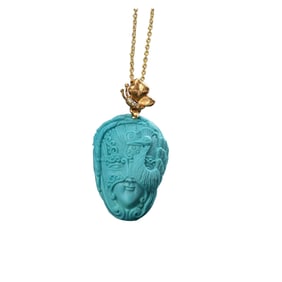 Exquisite 18K Gold Buckle Turquoise Carved Beautiful Woman Pendant