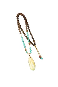 Exquisite Beeswax Carved Feather Pendant w 18K Gold Buckle Turquoise & Chenxiang Wood Beads Necklace