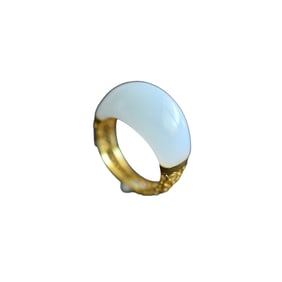Exquisite 18K Gold Inlay White Hetian Jade Ring
