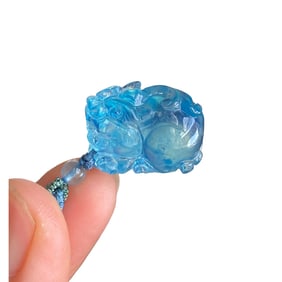 Beautiful Aquamarine Carved Fortune Pixiu Pendant Hand Woven Necklace