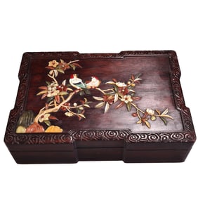 Chinese Zitan Wood Inlay Shoushan Stone Plum Flower & Magpie Design Jewellery Box