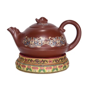 Chinese Gilt Gold Famille Rose Yixing Zisha Clay Turtle Teapot w Box