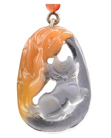 Beautiful Crystal Carved Nine-tailed Fox Pendant w Hand Woven Necklace