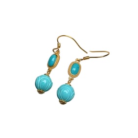 A Pair Chinese 925 Silver Plated Gilt Gold Inlay Turquoise Earring