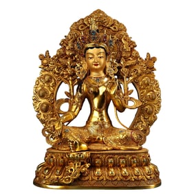 Tibetan Buddhism Gilt Gold Copper Inlay Gems Tara Statue