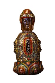 Vintage Crystal Inlay Gold Wires & DZI Agate & Shell & Gems Buddha Statue