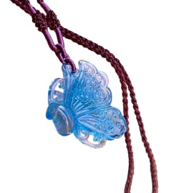 Beautiful Aquamarine Carved Butterfly Pendant w Hand Woven Necklace