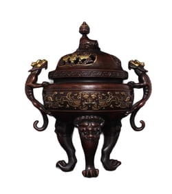 Vintage Chinese Gilt Gold Copper 3 Legs Double Ear Fortune Dragon Incense Burner