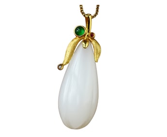 Exquisite Chinese 18K Gold Inlay White Hetian Jade Carved Orchid Pendant