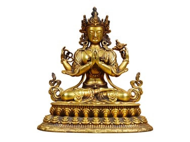 Vintage Gilt Gold Copper Four Arm Kwan-yin Statue