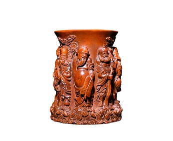 Old Chinese Boxwood Wood Carved Eight Taoism Deity Brush Pot