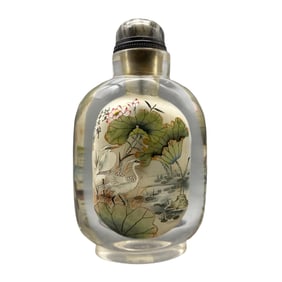 Old Chinese Peking Glass Inside Painting Lotus Leaf & Egret Design Snuff Bottle w Stopper