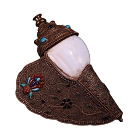 Tibetan Silver Wires Gilt Gold Inlay Conch & Lapis Lazuli & Turquoise Conch Dharma-vessel