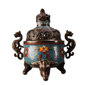 Vintage Chinese Gilt Gold Copper Cloisonne Fortune Dragon Incense Burner