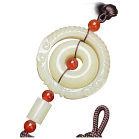 Hand Woven Chinese Hetian Jade Carved Double Dragon Pendant