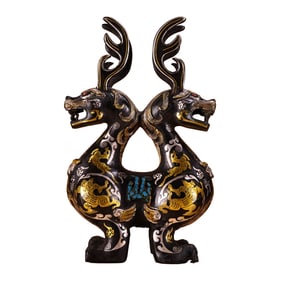 Old Chinese Gilt Gold Bronze Double Head Beast Statue