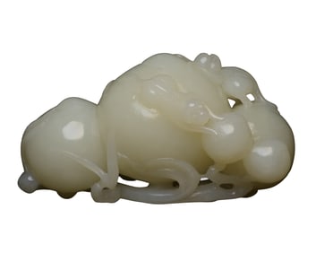 Chinese Hetian Jade Carved Monkey & Peach Statue