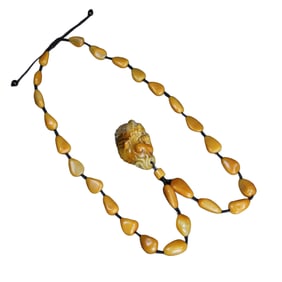 Superb Chinese Tianhuang Carved Fortune Lion Pendant w Beads Necklace