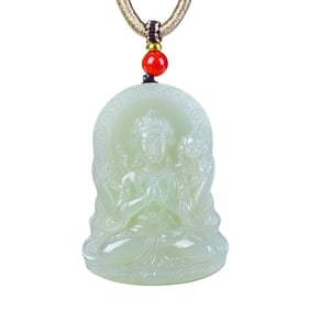 Chinese Natural Hetian Jade Carved Four Arm Kwan-yin Pendant