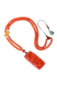 Chinese Nanhong Agate Carved Fortune Dragon Pendant w Hand Woven Beads Necklace