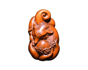Vintage Chinese Boxwood Wood Carved Nine-tailed Fox Statue
