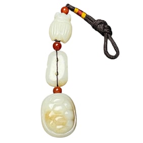Chinese Hetian Jade Carved Fortune Cicada & Turtle Shell Pendant Hand Woven Necklace