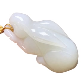 Chinese Natural Hetian Jade Carved Rabbit Pendant w Certificate