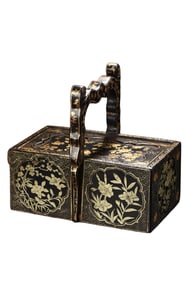 Chinese Gilt Gold Wooden-cored Lacquerware Flowers Design Handle Box