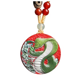 Chinese Famille Rose Cinnabar Carved Snake Pendant w Hand Woven Beads Necklace