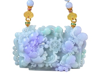 Exquisite Jadeite Carved Butterfly & Flowers Pendant w Hand Woven Beads Necklace