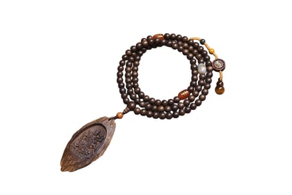 Vintage Chinese Chenxiang Wood Carved Samantabhadra Pendant w Hand Woven Necklace