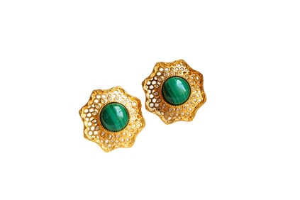 A Pair Chinese 925 Silver Plated Gilt Gold Inlay Malachite Earring