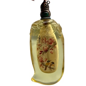 Old Chinese Peking Glass Inside Painting Flowers Bird Design Snuff Bottle w Stopper