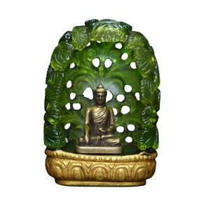 Old Chinese Copper Buddha Statue w Green Peking Glass Shrines Shrines