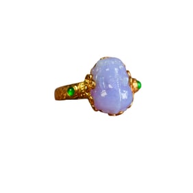 Exquisite 18K Gold Inlay Purple Jadeite Carve Fortune Pixiu Ring