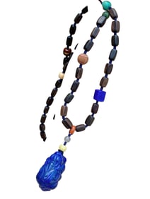 Beautiful Lapis Lazuli Carved Fortune Pixiu Pendant w Hand Woven Chenxiang Wood Beads Necklace
