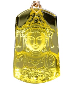 Beautiful Yellow Crystal Carved Kwan-yin Pendant w Hand Woven Necklace