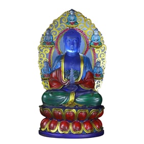 Vintage Chinese Gilt Gold Blue Peking Glass Carved Siddhartha Buddha Statue