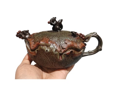 Antique Chinese Yixing Zisha Squirrel & Grape Teapot