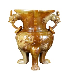 Vintage Chinese Hetian Jade Carved Fouble Ring Dragon Vase