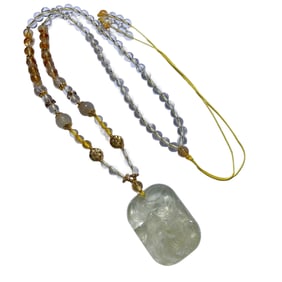 Beautiful Crystal Carved Nine-tailed Fox Pendant w Hand Woven Beads Necklace