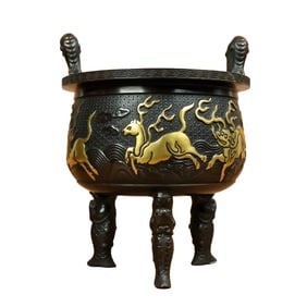 Vintage Chinese Gilt Gold Copper 3 Legs Double Ear Incense Burner